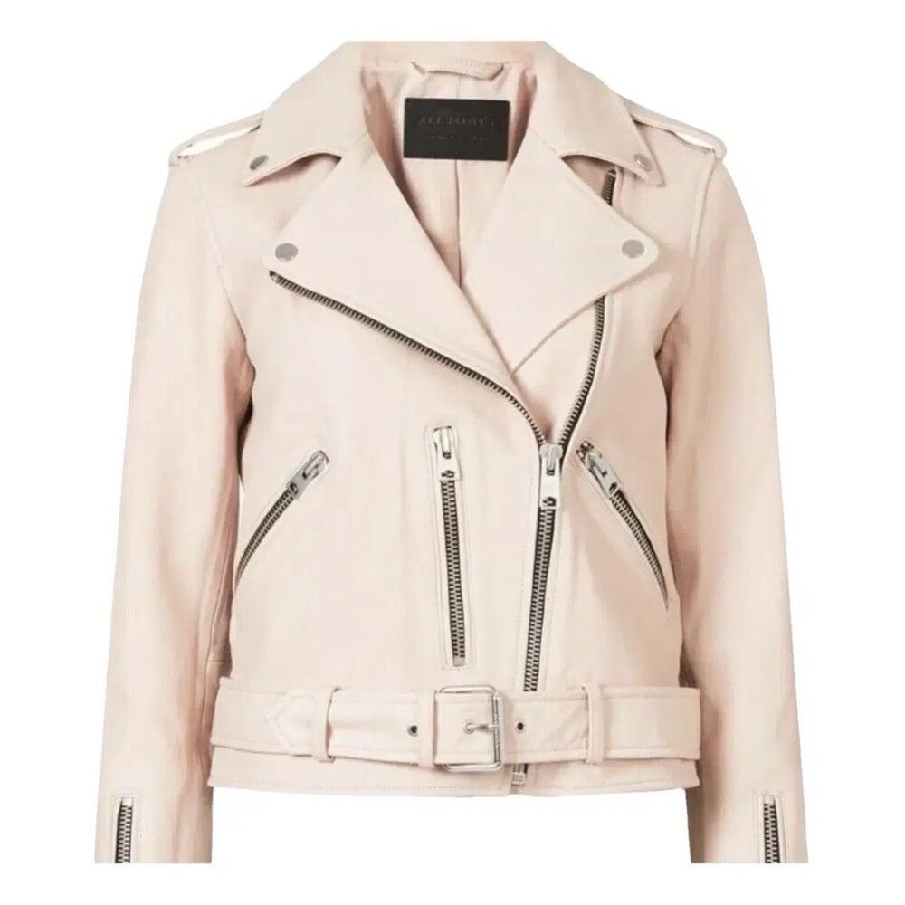 AllSaints Womens Dalby Sheep Leather Biker Jacket Bomber Pale Pink UK8 US 4 Auth